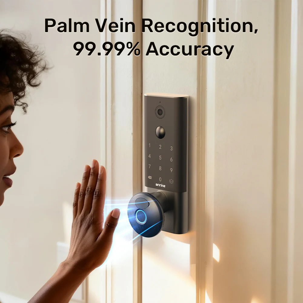 ANNKE Palm Vein Smart Door Lock with 2K Camera, Keyless Entry 5-in-1 (Palm Vein/App/Voice/Code/Key), AI Human Detection, Two-Way Talk, Auto-Lock, Wi-Fi, Alexa/Google, 10,000mAh Rechargeable Battery, Local & Cloud Storage - Image 2