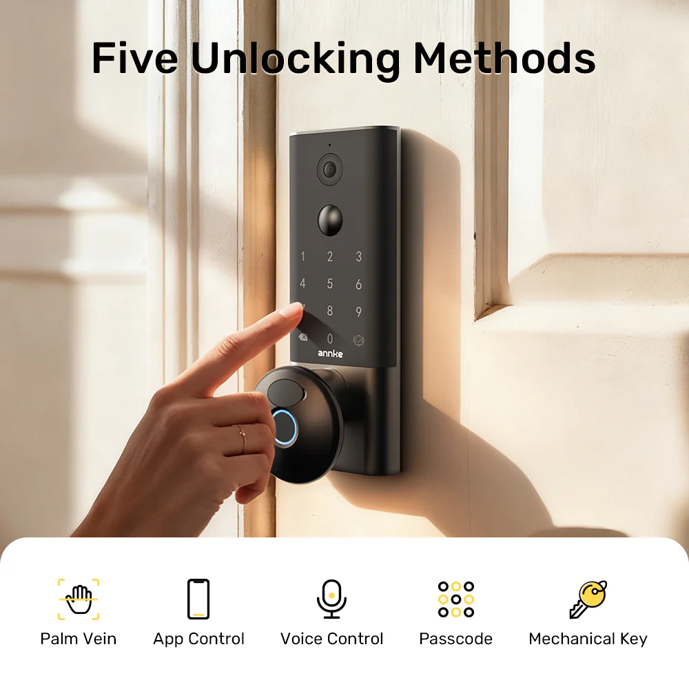 ANNKE Palm Vein Smart Door Lock with 2K Camera, Keyless Entry 5-in-1 (Palm Vein/App/Voice/Code/Key), AI Human Detection, Two-Way Talk, Auto-Lock, Wi-Fi, Alexa/Google, 10,000mAh Rechargeable Battery, Local & Cloud Storage - Image 4