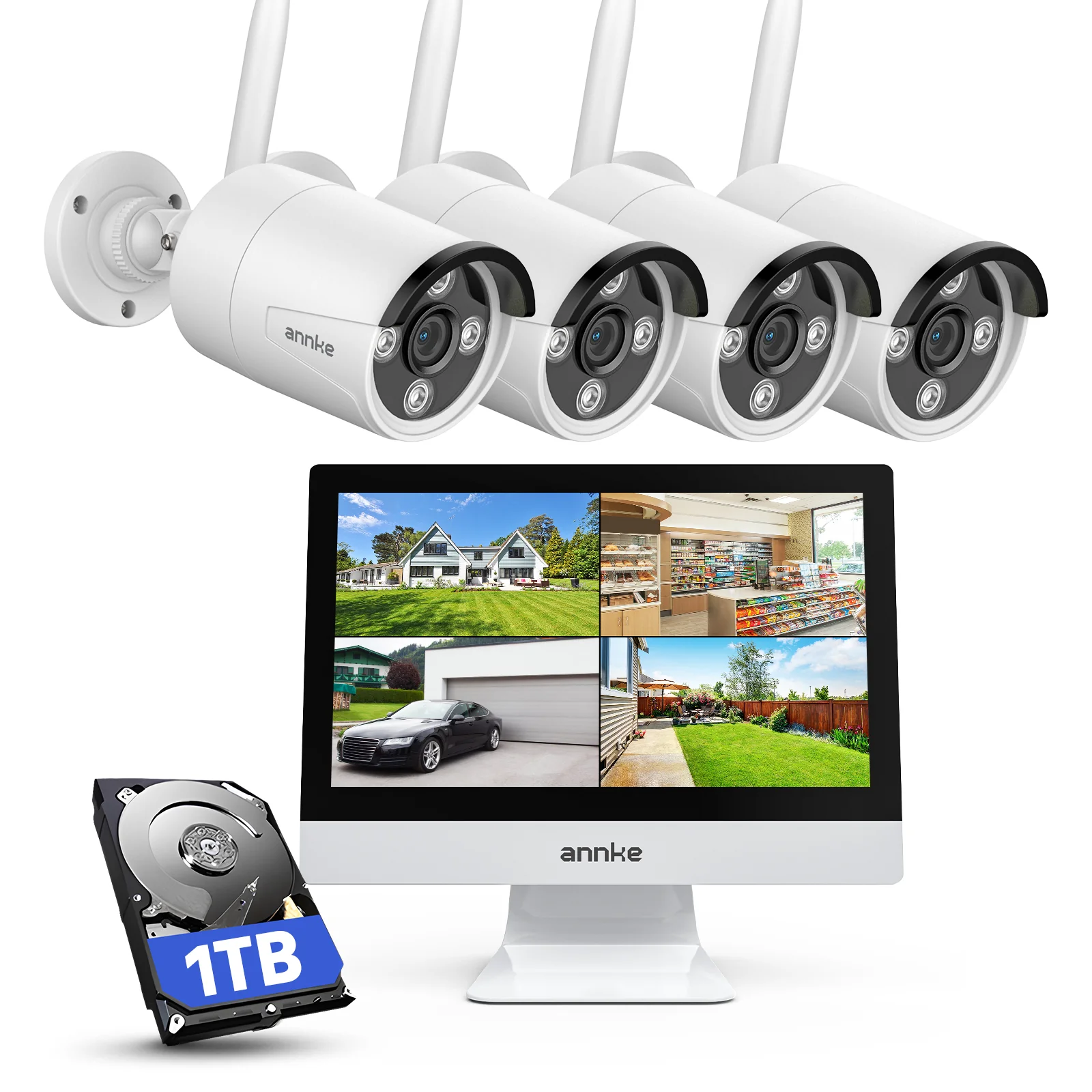 ANNKE 5MP Wireless Security Camera System with 12'' Monitor, 4-Camera Kit with 1TB HDD, 10CH Expandable WiFi NVR, Dual-Band WiFi, Plug & Play, Color Night Vision, Two-Way Audio, IP66