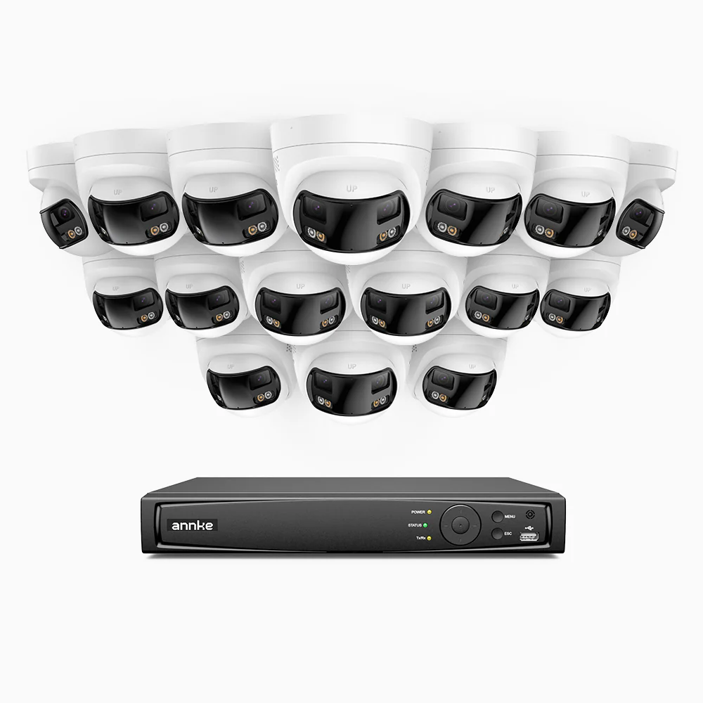 FDH800 - 4K 16CH PoE Security System with 16 Seamless Dual-Lens Cameras, 77° Vertical FOV, 180° Panoramic Coverage, Smart Color Night Vision & Active Deterrence, Two-Way Audio