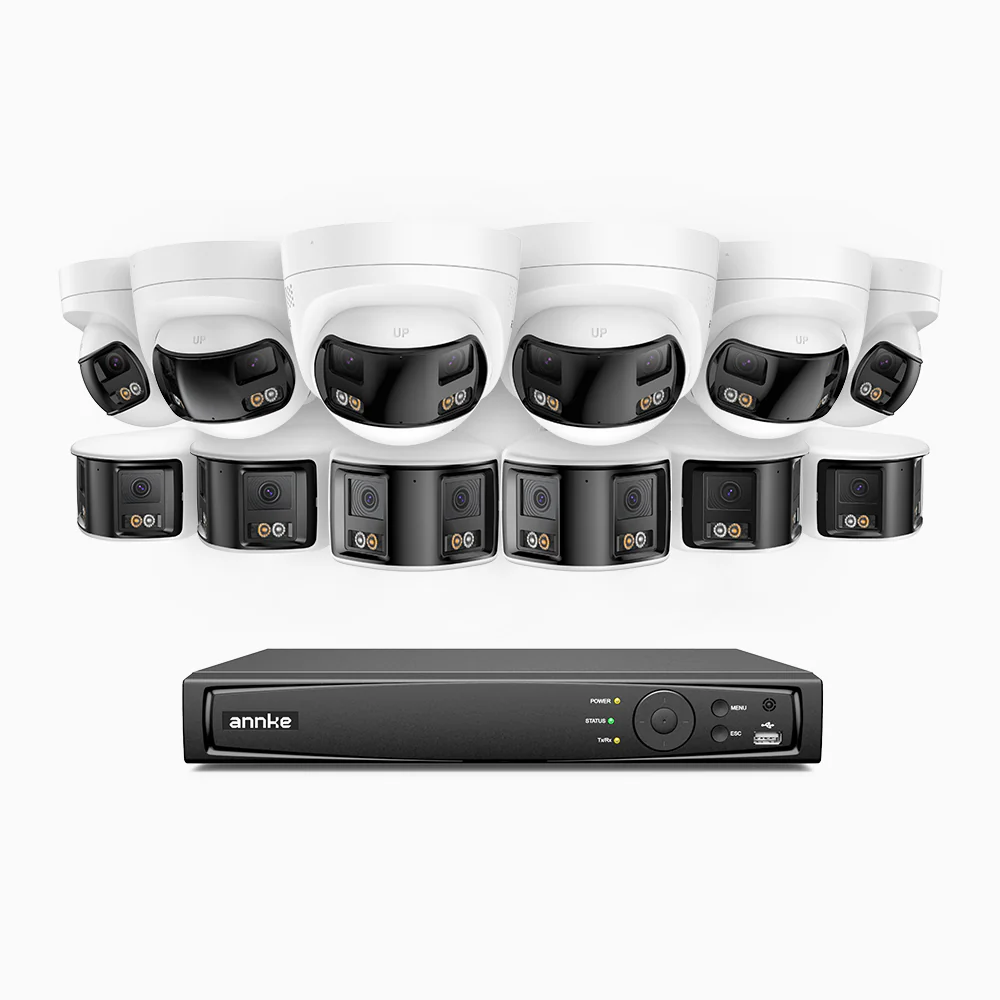 FDH800 - 4K 16CH PoE Security System with 12 Seamless Dual-Lens Cameras (6 Bullet + 6 Turret),77° Vertical FOV, 180° Panoramic Coverage, Smart Color Night Vision & Active Deterrence, Two-Way Audio