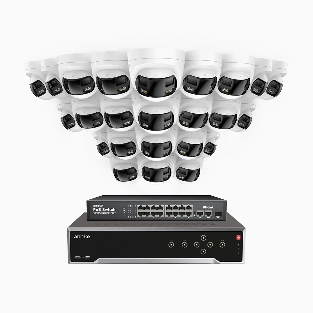 FDH800 - 4K 32CH PoE Security System with 24 Seamless Dual-Lens Cameras, 77° Vertical FOV, 180° Panoramic Coverage, Smart Color Night Vision & Active Deterrence, Two-Way Audio