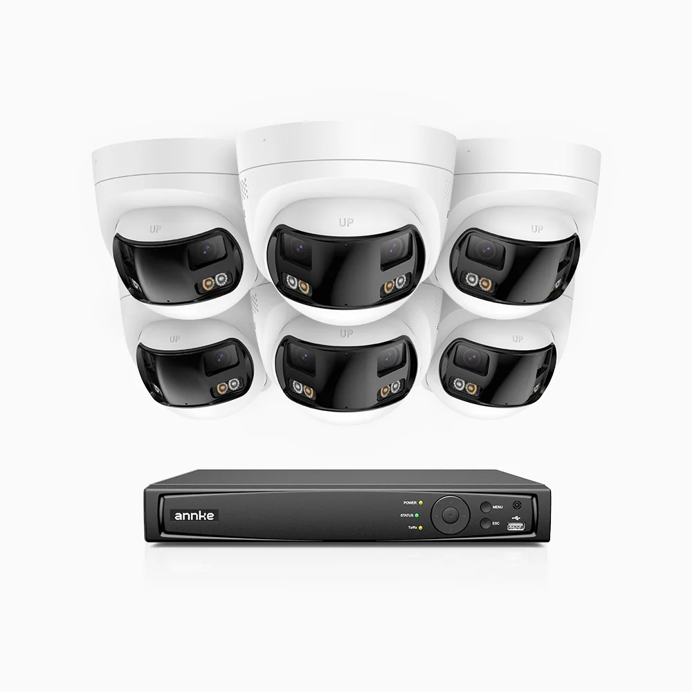 FDH800 - 4K 8CH PoE Security System with 6 Seamless Dual-Lens Cameras, 77° Vertical FOV, 180° Panoramic Coverage, Smart Color Night Vision & Active Deterrence, Two-Way Audio