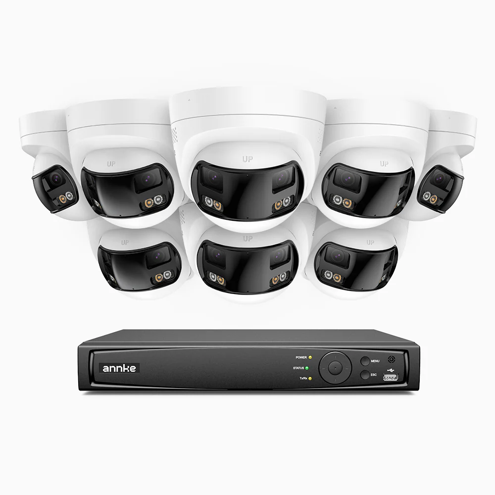 FDH800 - 4K 8CH PoE Security System with 8 Seamless Dual-Lens Cameras, 77° Vertical FOV, 180° Panoramic Coverage, Smart Color Night Vision & Active Deterrence, Two-Way Audio