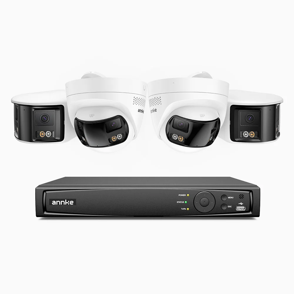 FDH800 - 4K 8CH PoE Security System with 4 Seamless Dual-Lens Cameras (2 Bullet + 2 Turret), 77° Vertical FOV, 180° Panoramic Coverage, Smart Color Night Vision & Active Deterrence, Two-Way Audio