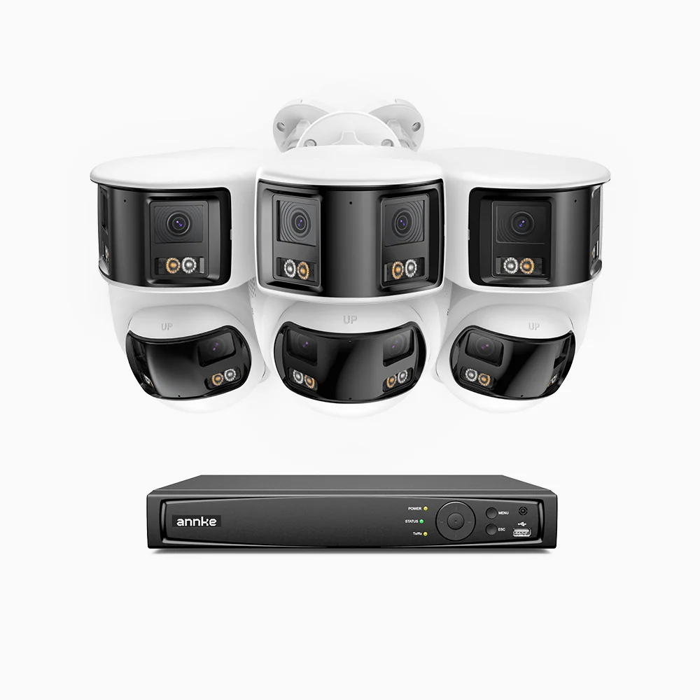 FDH800 - 4K 8CH PoE Security System with 6 Seamless Dual-Lens Cameras (3 Bullet + 3 Turret), 77° Vertical FOV, 180° Panoramic Coverage, Smart Color Night Vision & Active Deterrence, Two-Way Audio