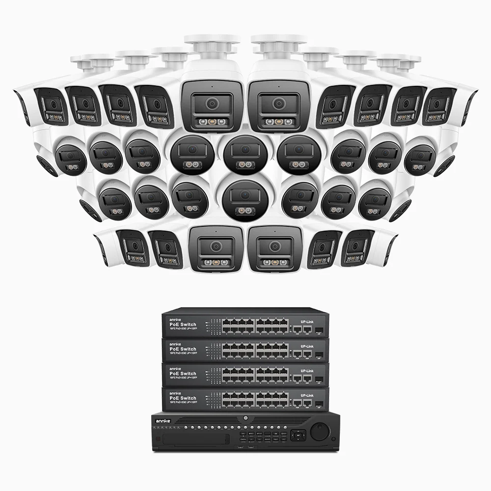 H1200 - 4K 12MP 64 Channel PoE Security System with 20 Bullet & 20 Turret Cameras, Color & IR Night Vision, Human & Vehicle Detection, H.265+, Built-in Microphone, Max. 512 GB Local Storage, IP67