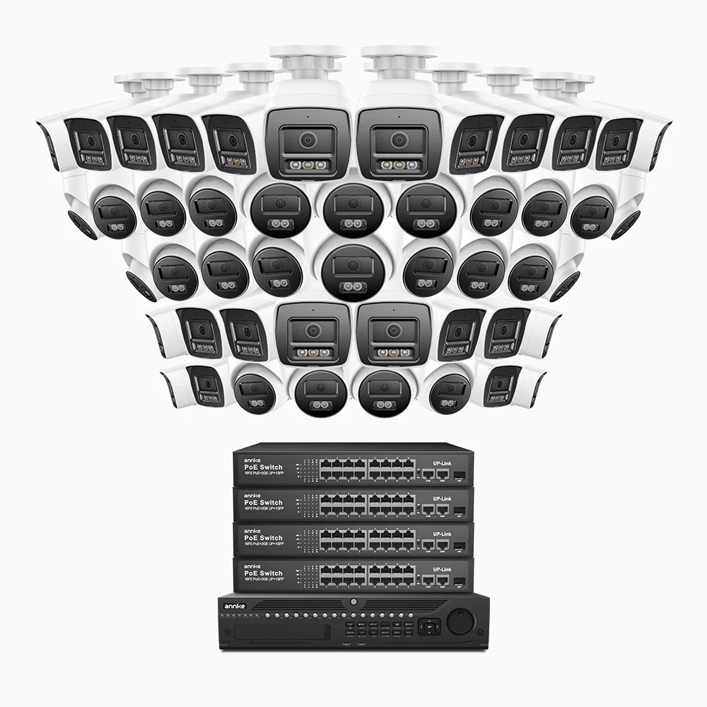 H1200 - 4K 12MP 64 Channel PoE Security System with 24 Bullet & 24 Turret Cameras, Color & IR Night Vision, Human & Vehicle Detection, H.265+, Built-in Microphone, Max. 512 GB Local Storage, IP67