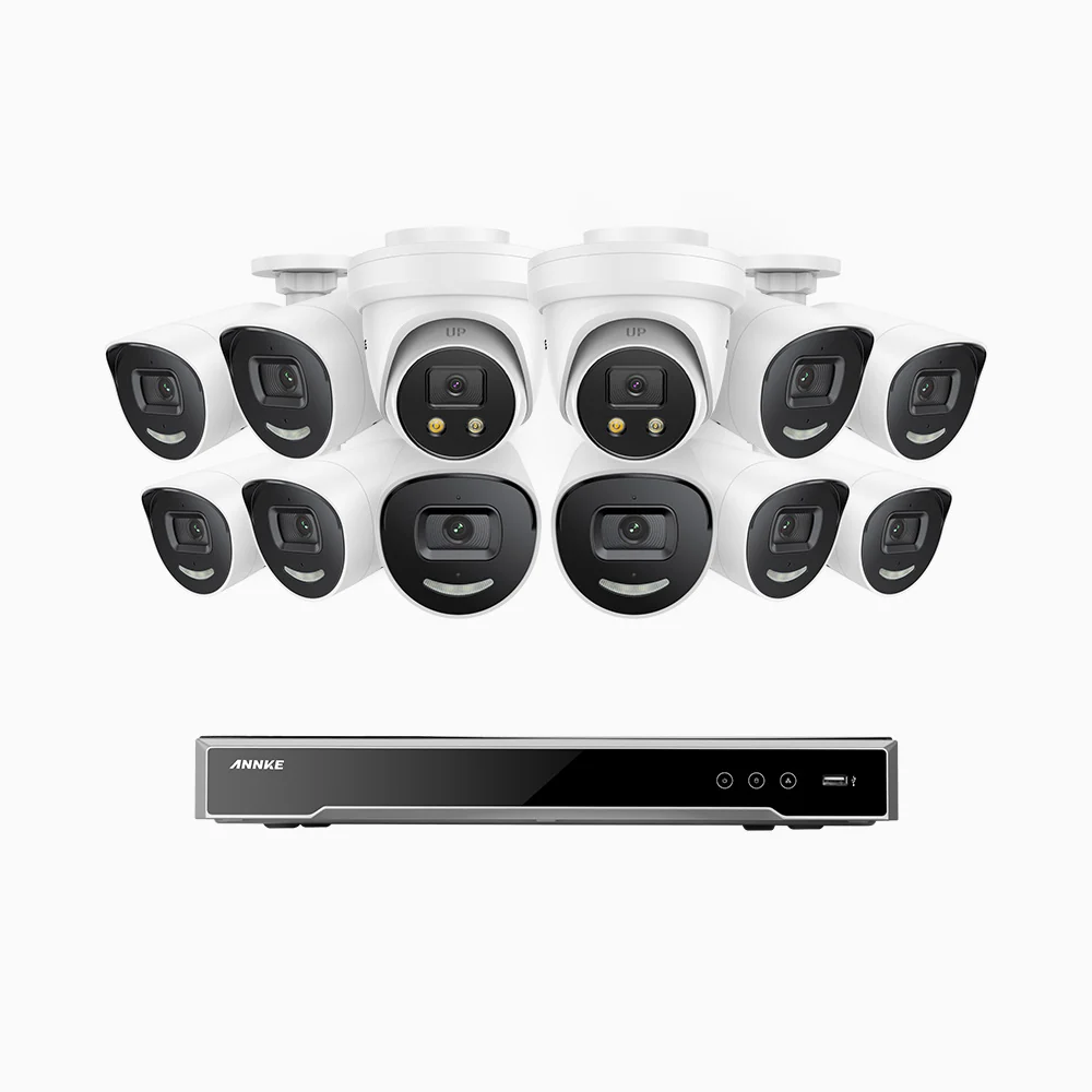 H800X - 4K 16 Channel PoE Security System with 10 Bullet & 2 Turret Cameras, 1/1.8'' BSI Sensor, f/1.6 Aperture (0.003 Lux), Siren & Strobe Alarm,Two-Way Audio, Human & Vehicle Detection, Perimeter Protection, All-Metal Housing