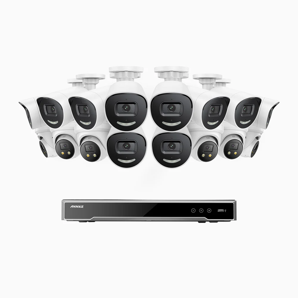 H800X - 4K 16 Channel PoE Security System with 10 Bullet & 6 Turret Cameras, 1/1.8'' BSI Sensor, f/1.6 Aperture (0.003 Lux), Siren & Strobe Alarm, Two-Way Audio, Human & Vehicle Detection, Perimeter Protection, All-Metal Housing