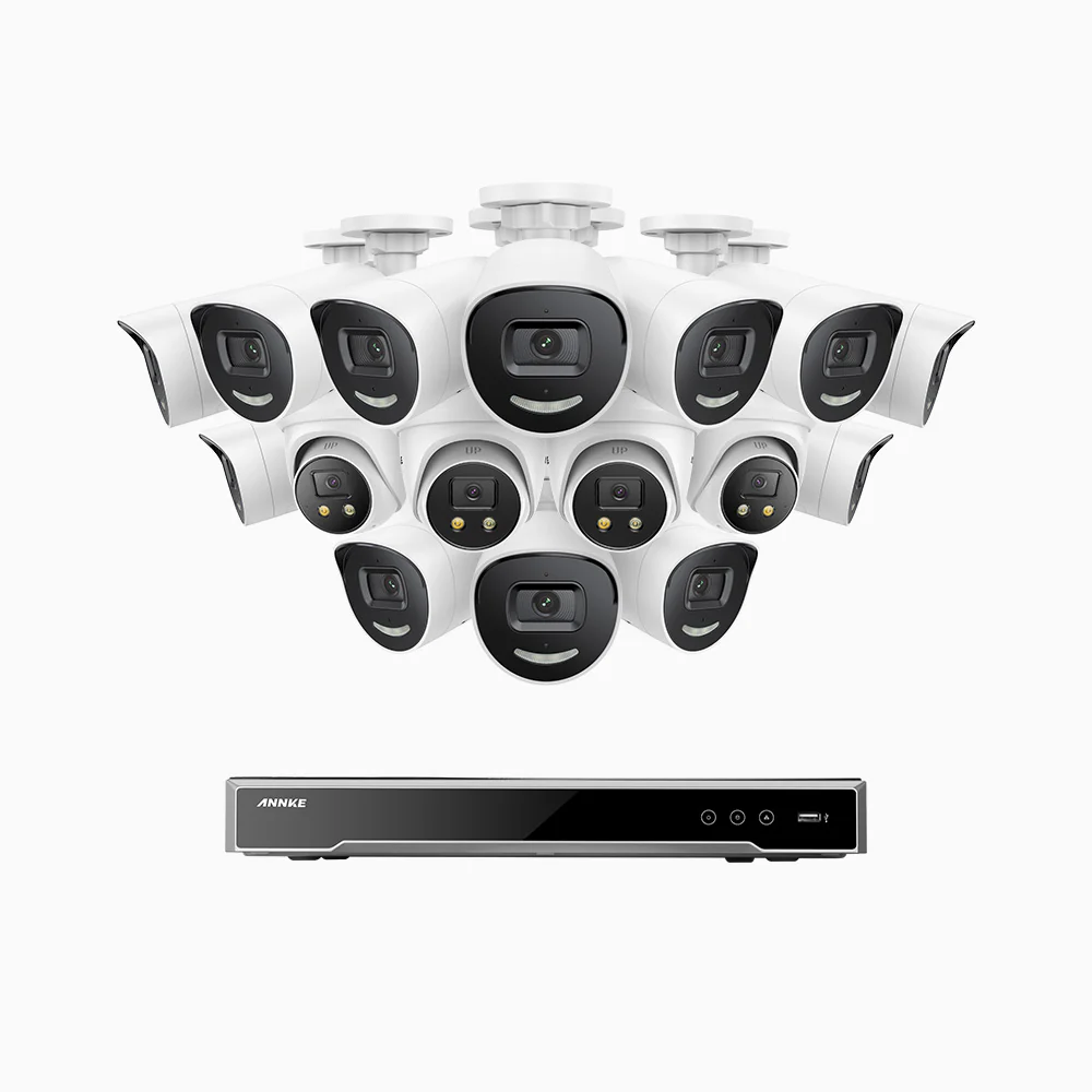 H800X - 4K 16 Channel PoE Security System with 12 Bullet & 4 Turret Cameras, 1/1.8'' BSI Sensor, f/1.6 Aperture (0.003 Lux), Siren & Strobe Alarm,Two-Way Audio, Human & Vehicle Detection, Perimeter Protection, All-Metal Housing