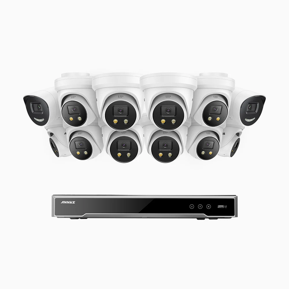H800X - 4K 16 Channel PoE Security System with 2 Bullet & 10 Turret Cameras, 1/1.8'' BSI Sensor, f/1.6 Aperture (0.003 Lux), Siren & Strobe Alarm,Two-Way Audio, Human & Vehicle Detection, Perimeter Protection, All-Metal Housing