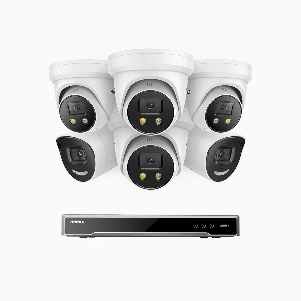 H800X - 4K 16 Channel PoE Security System with 2 Bullet & 4 Turret Cameras, 1/1.8'' BSI Sensor, f/1.6 Aperture (0.003 Lux), Siren & Strobe Alarm,Two-Way Audio, Human & Vehicle Detection, Perimeter Protection, All-Metal Housing