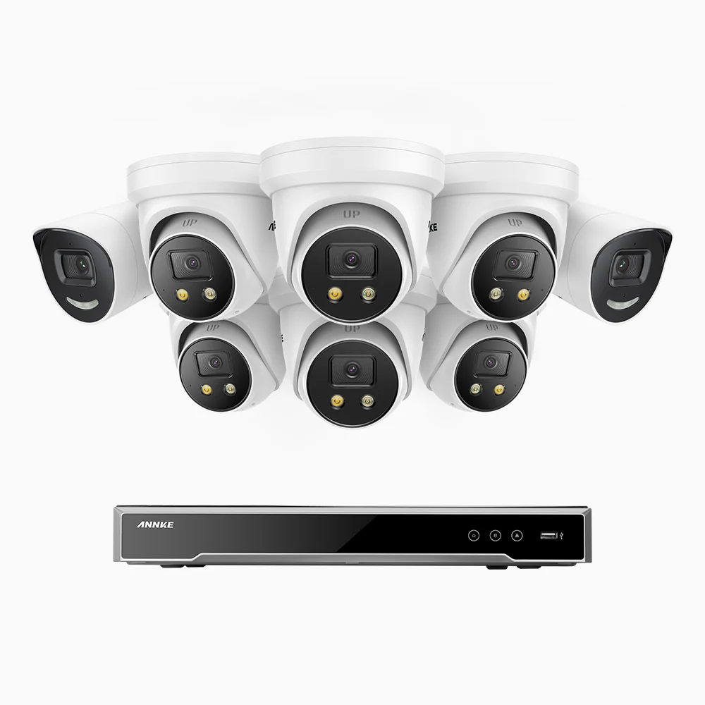 H800X - 4K 16 Channel PoE Security System with 2 Bullet & 6 Turret Cameras, 1/1.8'' BSI Sensor, f/1.6 Aperture (0.003 Lux), Siren & Strobe Alarm,Two-Way Audio, Human & Vehicle Detection, Perimeter Protection, All-Metal Housing