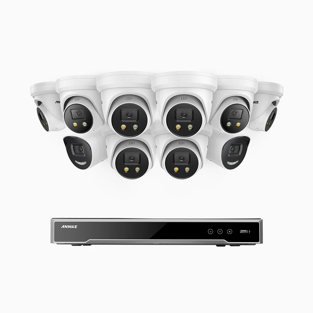 H800X - 4K 16 Channel PoE Security System with 2 Bullet & 8 Turret Cameras, 1/1.8'' BSI Sensor, f/1.6 Aperture (0.003 Lux), Siren & Strobe Alarm,Two-Way Audio, Human & Vehicle Detection, Perimeter Protection, All-Metal Housing