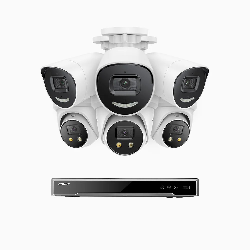 H800X - 4K 16 Channel PoE Security System with 3 Bullet & 3 Turret Cameras, 1/1.8'' BSI Sensor, f/1.6 Aperture (0.003 Lux), Siren & Strobe Alarm,Two-Way Audio, Human & Vehicle Detection, Perimeter Protection, All-Metal Housing