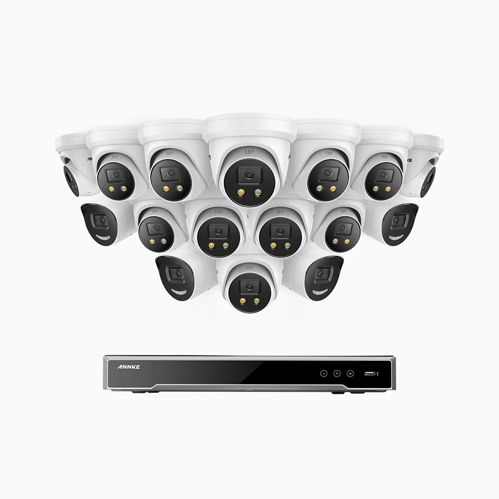H800X - 4K 16 Channel PoE Security System with 4 Bullet & 12 Turret Cameras, 1/1.8'' BSI Sensor, f/1.6 Aperture (0.003 Lux), Siren & Strobe Alarm,Two-Way Audio, Human & Vehicle Detection, Perimeter Protection, All-Metal Housing