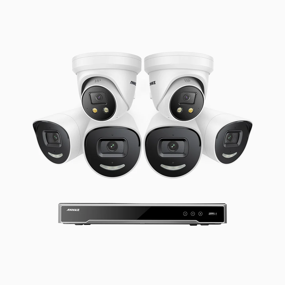 H800X - 4K 16 Channel PoE Security System with 4 Bullet & 2 Turret Cameras, 1/1.8'' BSI Sensor, f/1.6 Aperture (0.003 Lux), Siren & Strobe Alarm,Two-Way Audio, Human & Vehicle Detection, Perimeter Protection, All-Metal Housing