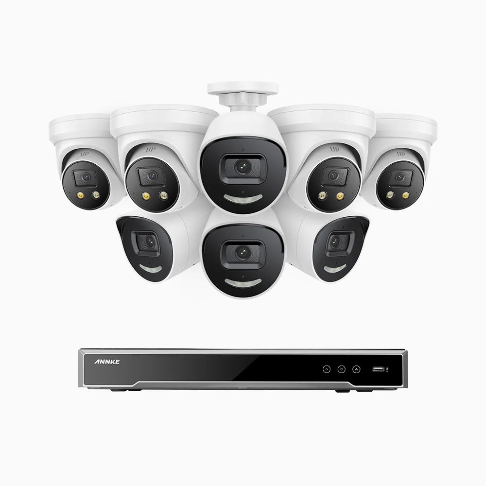 H800X - 4K 16 Channel PoE Security System with 4 Bullet & 4 Turret Cameras, 1/1.8'' BSI Sensor, f/1.6 Aperture (0.003 Lux), Siren & Strobe Alarm,Two-Way Audio, Human & Vehicle Detection, Perimeter Protection, All-Metal Housing