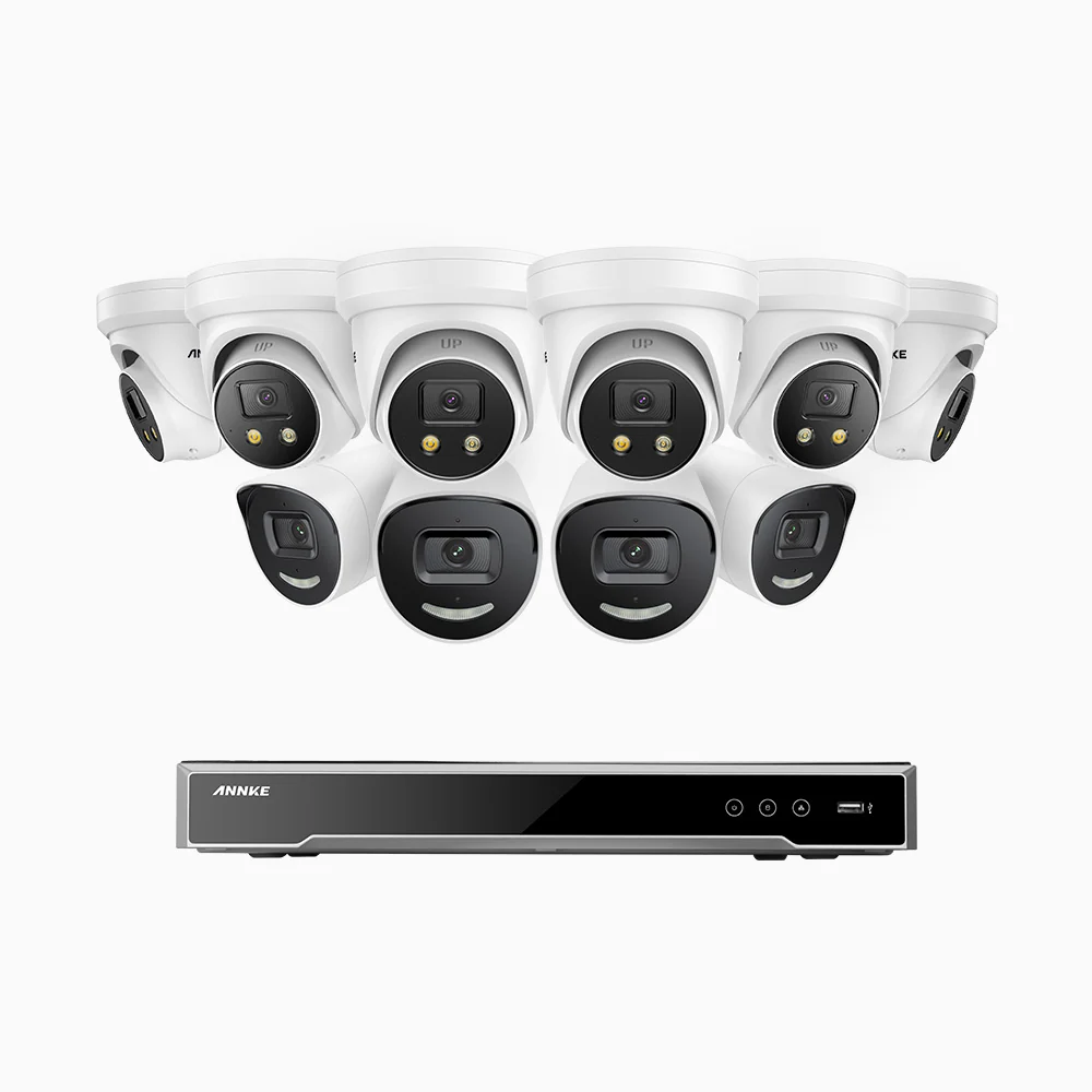 H800X - 4K 16 Channel PoE Security System with 4 Bullet & 6 Turret Cameras, 1/1.8'' BSI Sensor, f/1.6 Aperture (0.003 Lux), Siren & Strobe Alarm,Two-Way Audio, Human & Vehicle Detection, Perimeter Protection, All-Metal Housing