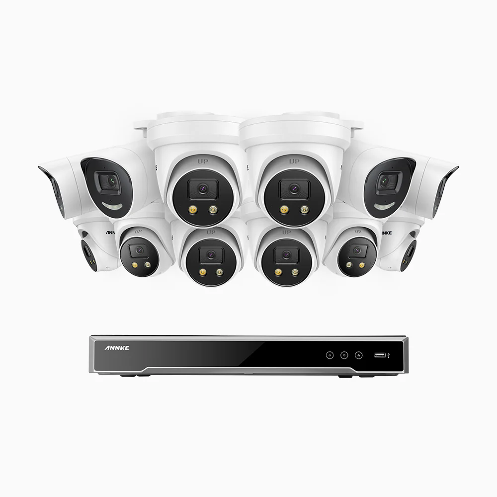H800X - 4K 16 Channel PoE Security System with 4 Bullet & 8 Turret Cameras, 1/1.8'' BSI Sensor, f/1.6 Aperture (0.003 Lux), Siren & Strobe Alarm,Two-Way Audio, Human & Vehicle Detection, Perimeter Protection, All-Metal Housing