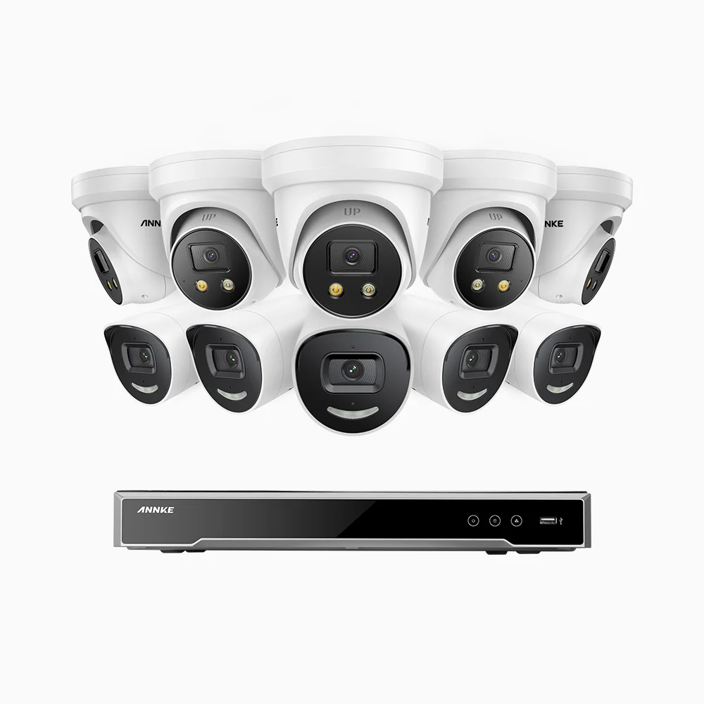 H800X - 4K 16 Channel PoE Security System with 5 Bullet & 5 Turret Cameras, 1/1.8'' BSI Sensor, f/1.6 Aperture (0.003 Lux), Siren & Strobe Alarm,Two-Way Audio, Human & Vehicle Detection, Perimeter Protection, All-Metal Housing