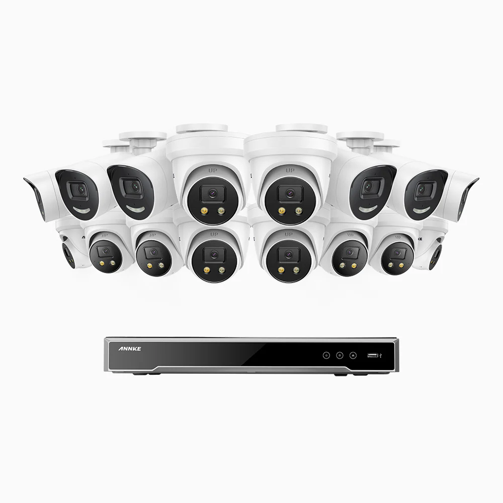 H800X - 4K 16 Channel PoE Security System with 6 Bullet & 10 Turret Cameras, 1/1.8'' BSI Sensor, f/1.6 Aperture (0.003 Lux), Siren & Strobe Alarm,Two-Way Audio, Human & Vehicle Detection, Perimeter Protection, All-Metal Housing