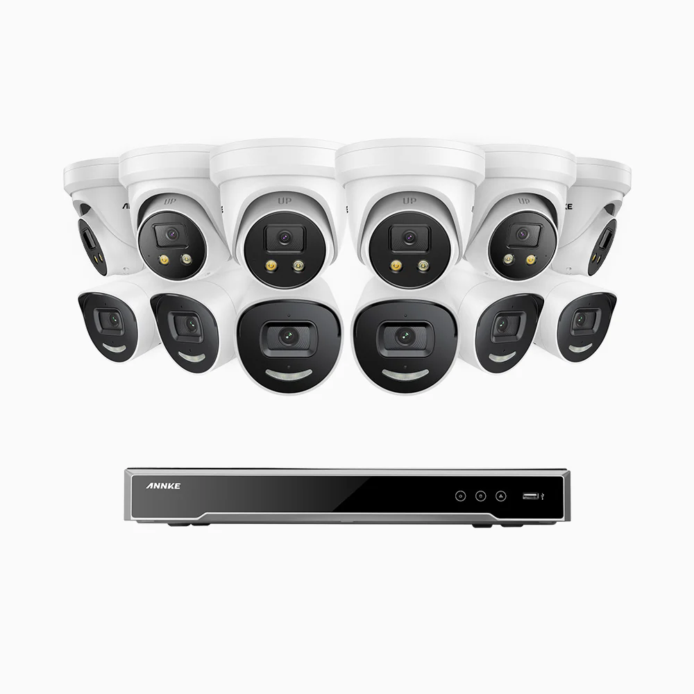 H800X - 4K 16 Channel PoE Security System with 6 Bullet & 6 Turret Cameras, 1/1.8'' BSI Sensor, f/1.6 Aperture (0.003 Lux), Siren & Strobe Alarm,Two-Way Audio, Human & Vehicle Detection, Perimeter Protection, All-Metal Housing