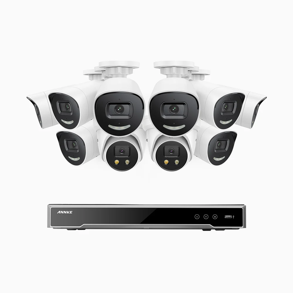 H800X - 4K 16 Channel PoE Security System with 8 Bullet & 2 Turret Cameras, 1/1.8'' BSI Sensor, f/1.6 Aperture (0.003 Lux), Siren & Strobe Alarm,Two-Way Audio, Human & Vehicle Detection, Perimeter Protection, All-Metal Housing