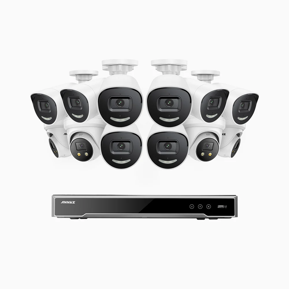 H800X - 4K 16 Channel PoE Security System with 8 Bullet & 4 Turret Cameras, 1/1.8'' BSI Sensor, f/1.6 Aperture (0.003 Lux), Siren & Strobe Alarm,Two-Way Audio, Human & Vehicle Detection, Perimeter Protection, All-Metal Housing