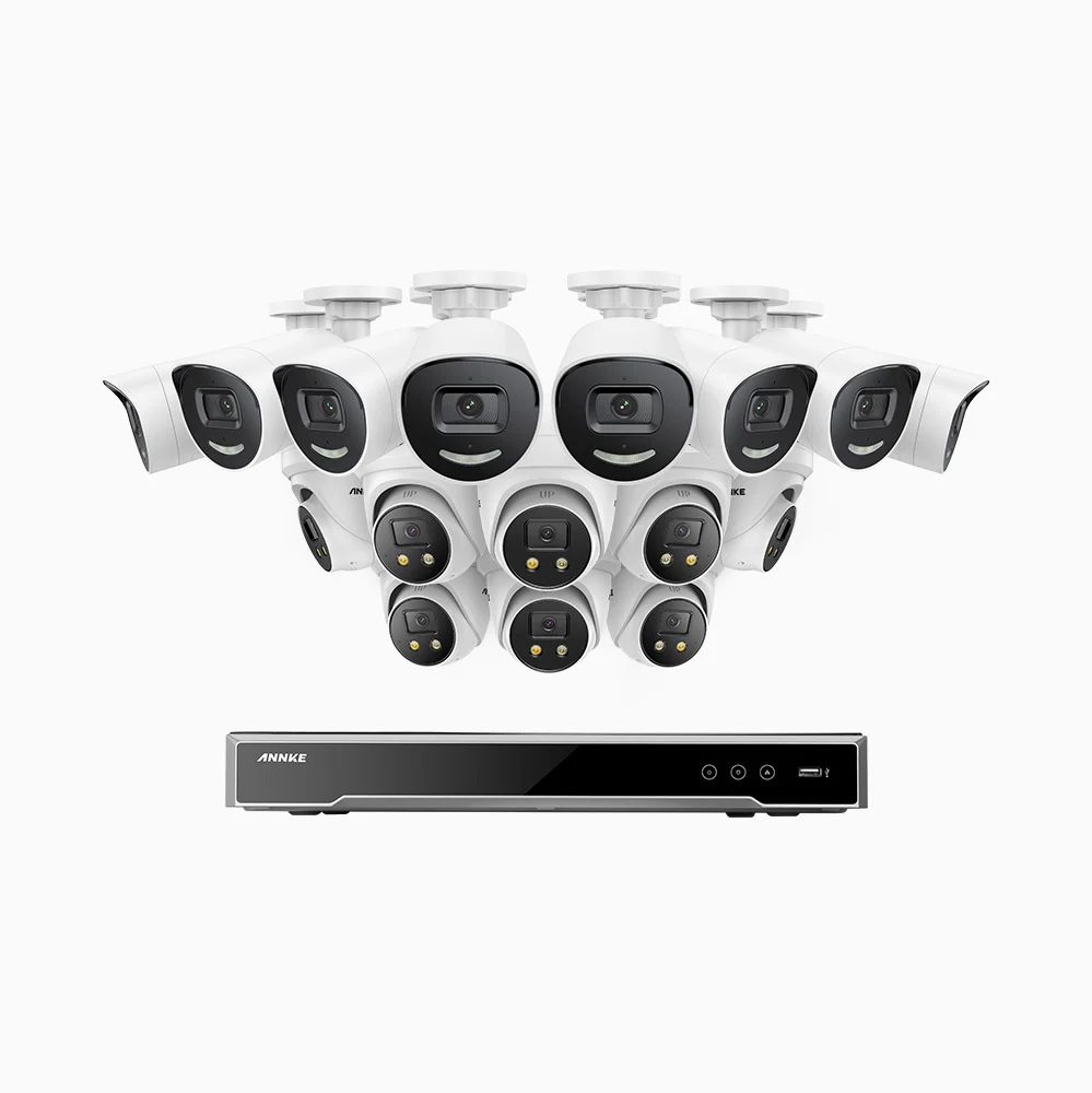 H800X - 4K 16 Channel PoE Security System with 8 Bullet & 8 Turret Cameras, 1/1.8'' BSI Sensor, f/1.6 Aperture (0.003 Lux), Siren & Strobe Alarm,Two-Way Audio, Human & Vehicle Detection, Perimeter Protection, All-Metal Housing