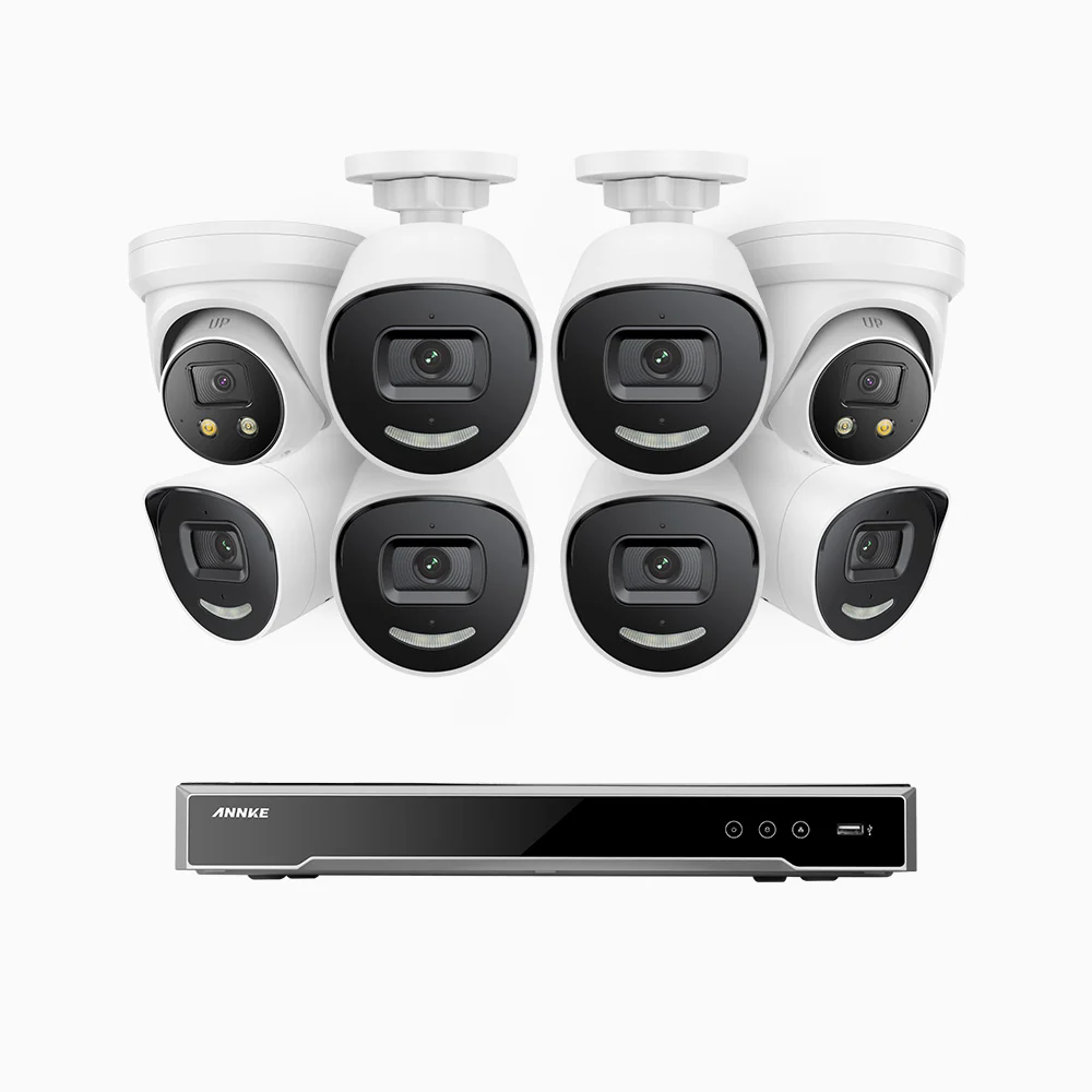 H800X - 4K 8 Channel PoE Security System with 6 Bullet & 2 Turret Cameras, 1/1.8'' BSI Sensor, f/1.6 Aperture (0.003 Lux), Siren & Strobe Alarm,Two-Way Audio, Human & Vehicle Detection, Perimeter Protection, All-Metal Housing