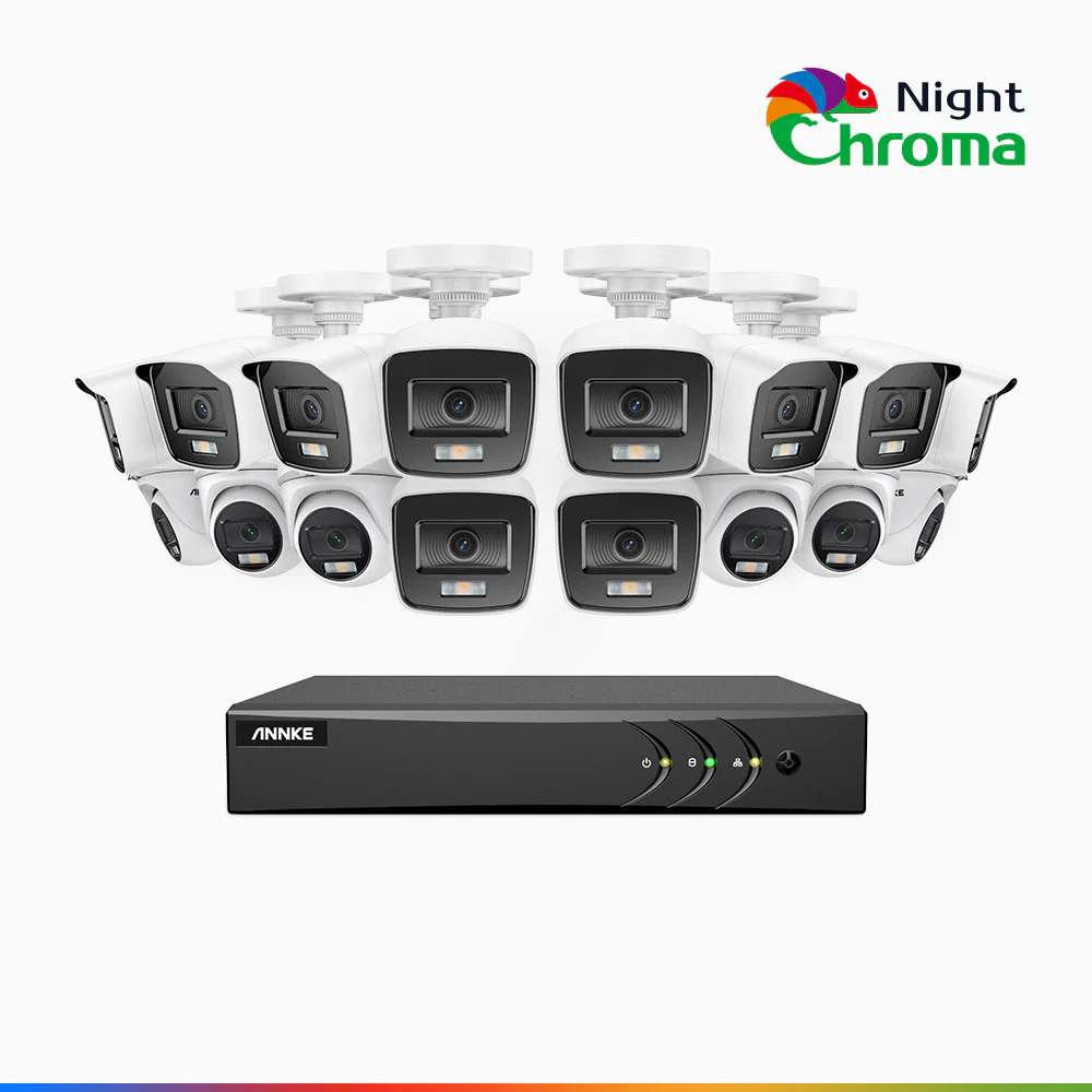 NightChroma<sup>TM</sup> NAK200 - 1080P 16 Channel Wired CCTV System with 10 Bullet & 6 Turret Cameras, Acme Colour Night Vision, f/1.0 Super Aperture, 0.001 Lux, 121° FoV, Active Alignment