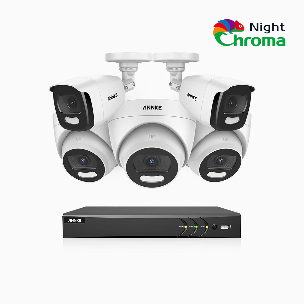 NightChroma<sup>TM</sup> NCK500 - 3K 8 Channel PoE Security System with 2 Bullet & 3 Turret Cameras, Acme Color Night Vision, f/1.0 Super Aperture, Active Alignment, Built-in Microphone, IP67, All-Metal Housing