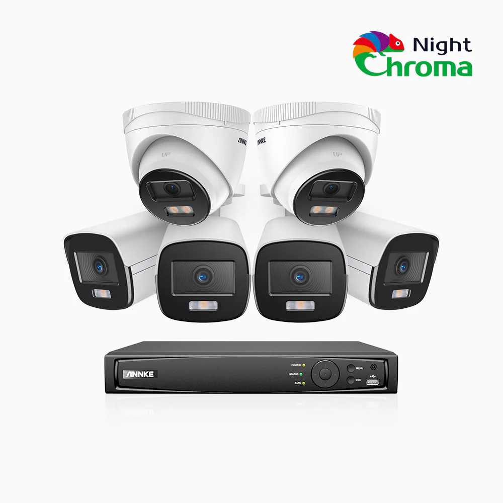NightChroma<sup>TM</sup> NCK500 - 3K 8 Channel PoE Security System with 4 Bullet & 2 Turret Cameras, Acme Color Night Vision, f/1.0 Super Aperture, Active Alignment, Built-in Microphone, IP67, All-Metal Housing