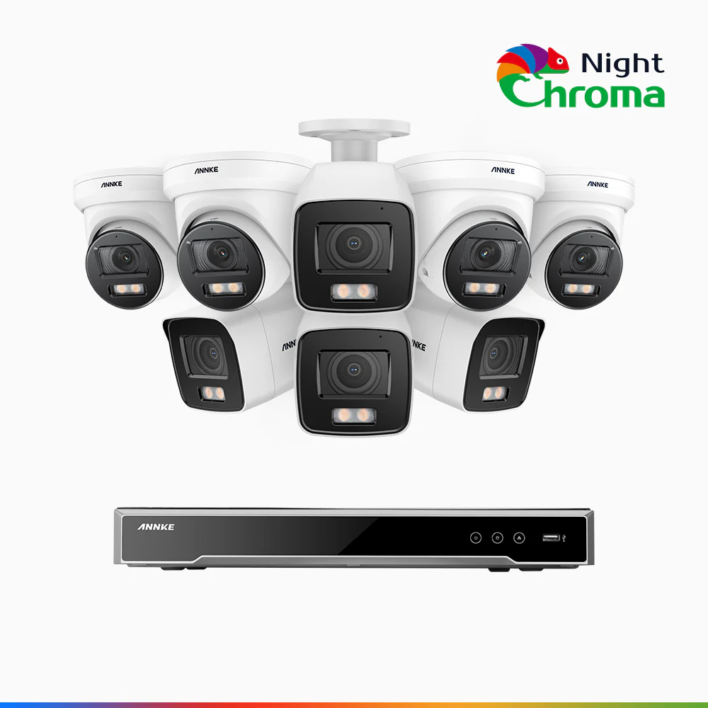 NightChroma<sup>TM</sup> NCK800 – 4K 16 Channel PoE Security System with 4 Bullet & 4 Turret Cameras, f/1.0 Super Aperture, Color Night Vision, 2CH 4K Decoding Capability, Human & Vehicle Detection, Intelligent Behavior Analysis, Built-in Mic, 124° FoV