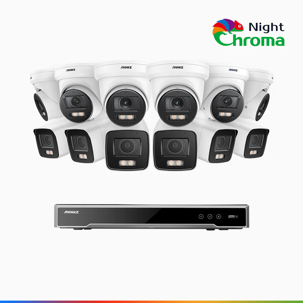 NightChroma<sup>TM</sup> NCK800 – 4K 16 Channel PoE Security System with 6 Bullet & 6 Turret Cameras, f/1.0 Super Aperture, Color Night Vision, 2CH 4K Decoding Capability, Human & Vehicle Detection, Intelligent Behavior Analysis, Built-in Mic, 124° FoV