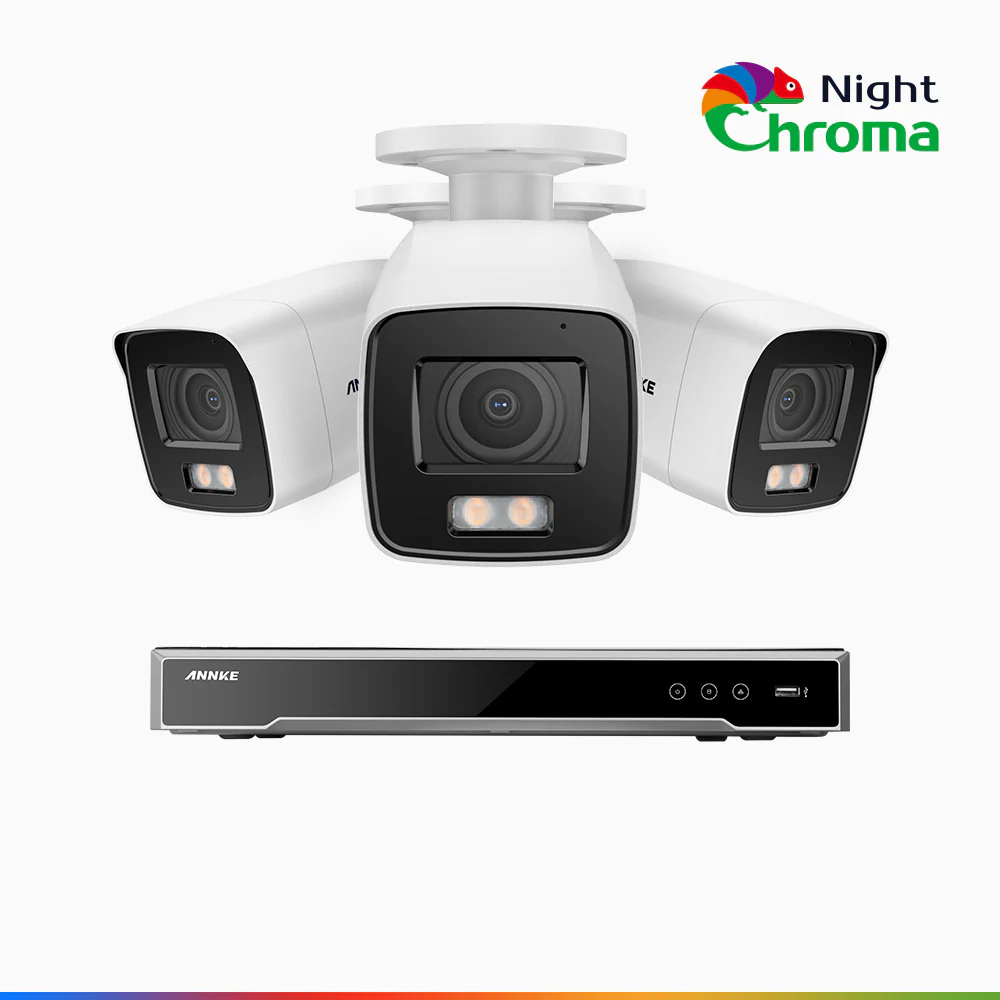 NightChroma<sup>TM</sup> NCK800 – 4K 8 Channel 3 Cameras PoE Security System, f/1.0 Super Aperture, Color Night Vision, 2CH 4K Decoding Capability, Human & Vehicle Detection, Intelligent Behavior Analysis, Built-in Mic, 124° FoV, All-Metal Housing