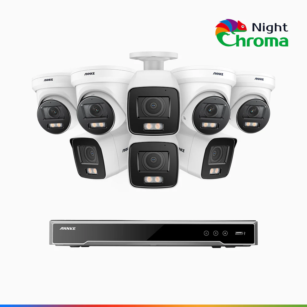NightChroma<sup>TM</sup> NCK800 – 4K 8 Channel PoE Security System with 4 Bullet & 4 Turret Cameras, f/1.0 Super Aperture, Color Night Vision, 2CH 4K Decoding Capability, Human & Vehicle Detection, Intelligent Behavior Analysis, Built-in Mic, 124° FoV