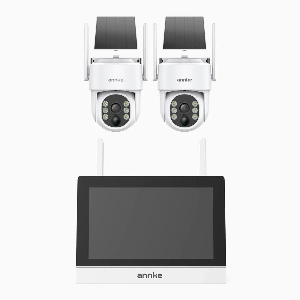 WTB400 - 4MP 4 Channel 2 Solar Cameras Wireless NVR CCTV System with 7″ Monitor, IPS Touch Screen, Motion Detection, Two-Way Audio, 9000mAh Rechargeable Battery & Solar Powered, 270° Pan & 90° Tilt, Works with Alexa