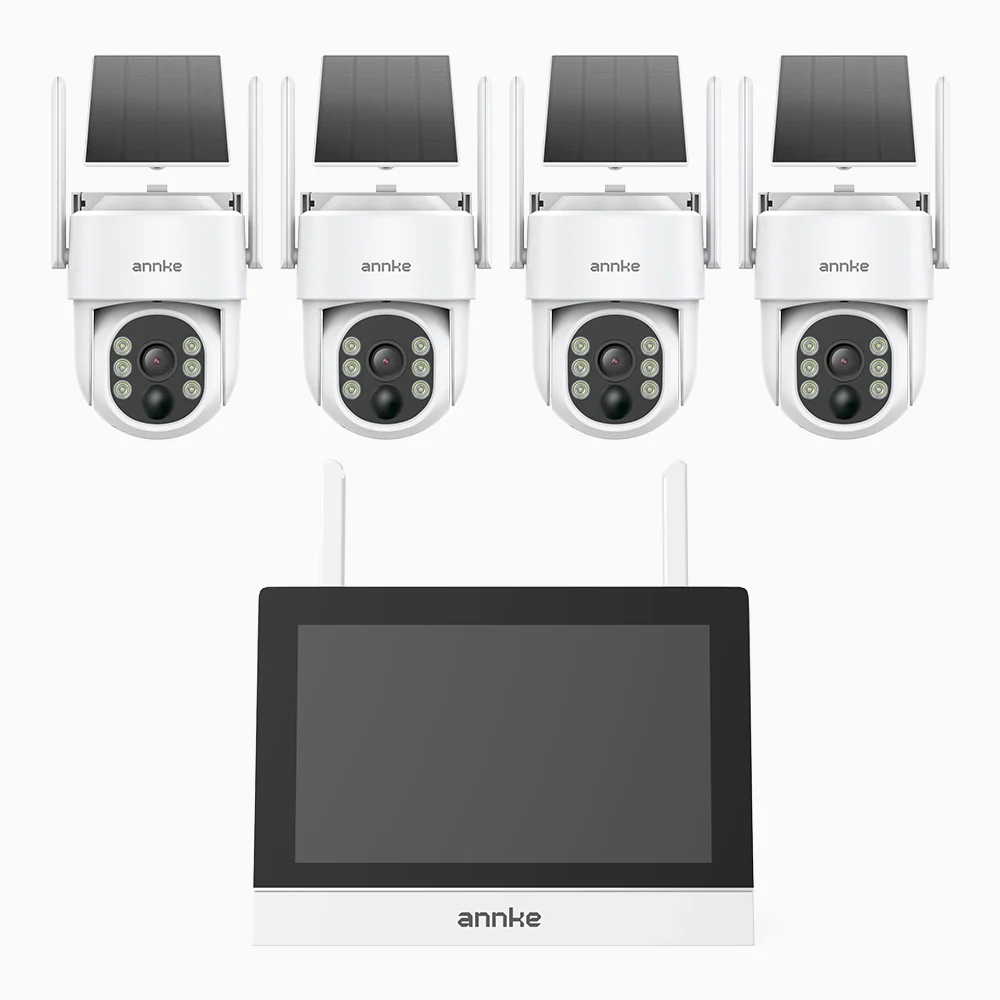 WTB400 - 4MP 4 Channel 4 Solar Cameras Wireless NVR CCTV System with 7″ Monitor, IPS Touch Screen, Motion Detection, Two-Way Audio, 9000mAh Rechargeable Battery & Solar Powered, 270° Pan & 90° Tilt, Works with Alexa