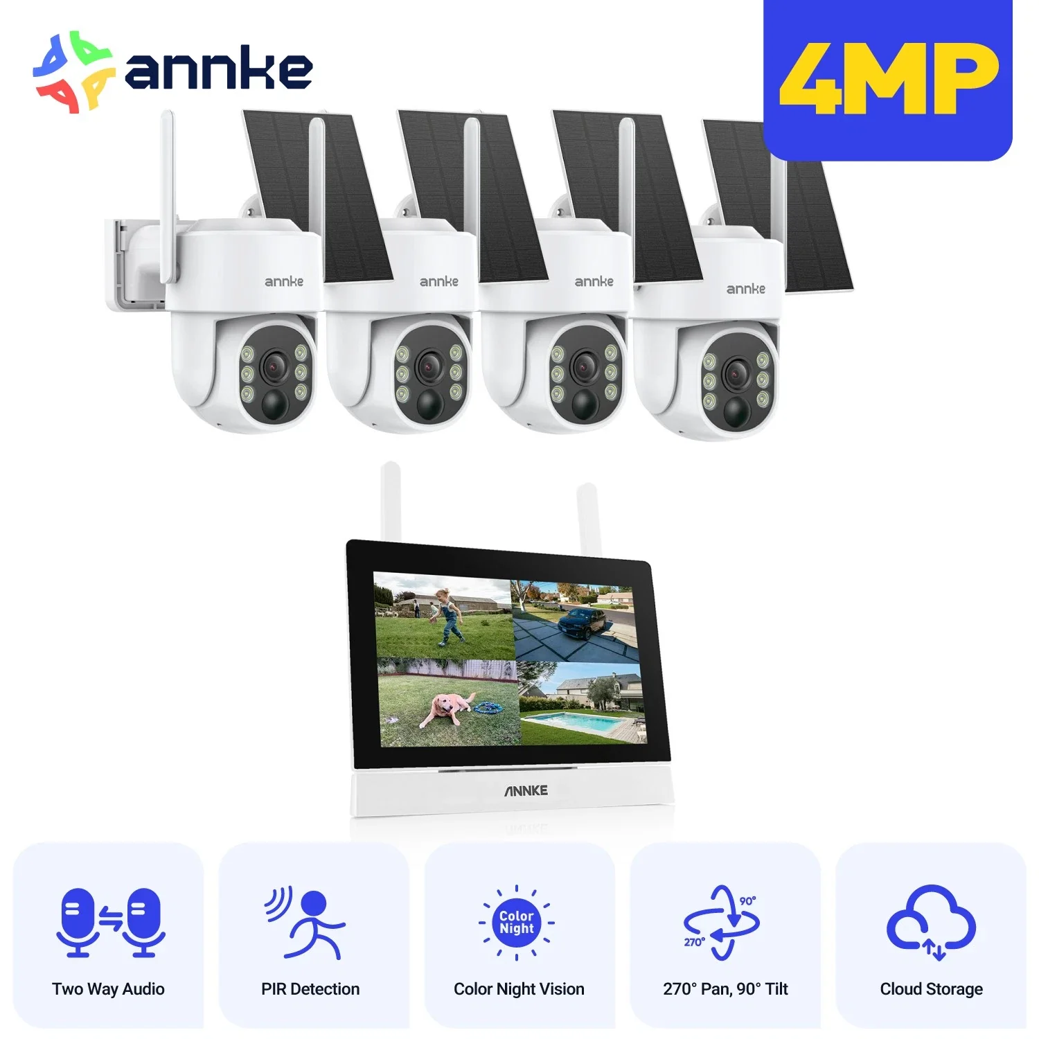 WTB400 - 4MP 4 Channel 4 Solar Cameras Wireless NVR CCTV System with 7″ Monitor, IPS Touch Screen, Motion Detection, Two-Way Audio, 9000mAh Rechargeable Battery & Solar Powered, 270° Pan & 90° Tilt, Works with Alexa - Image 2