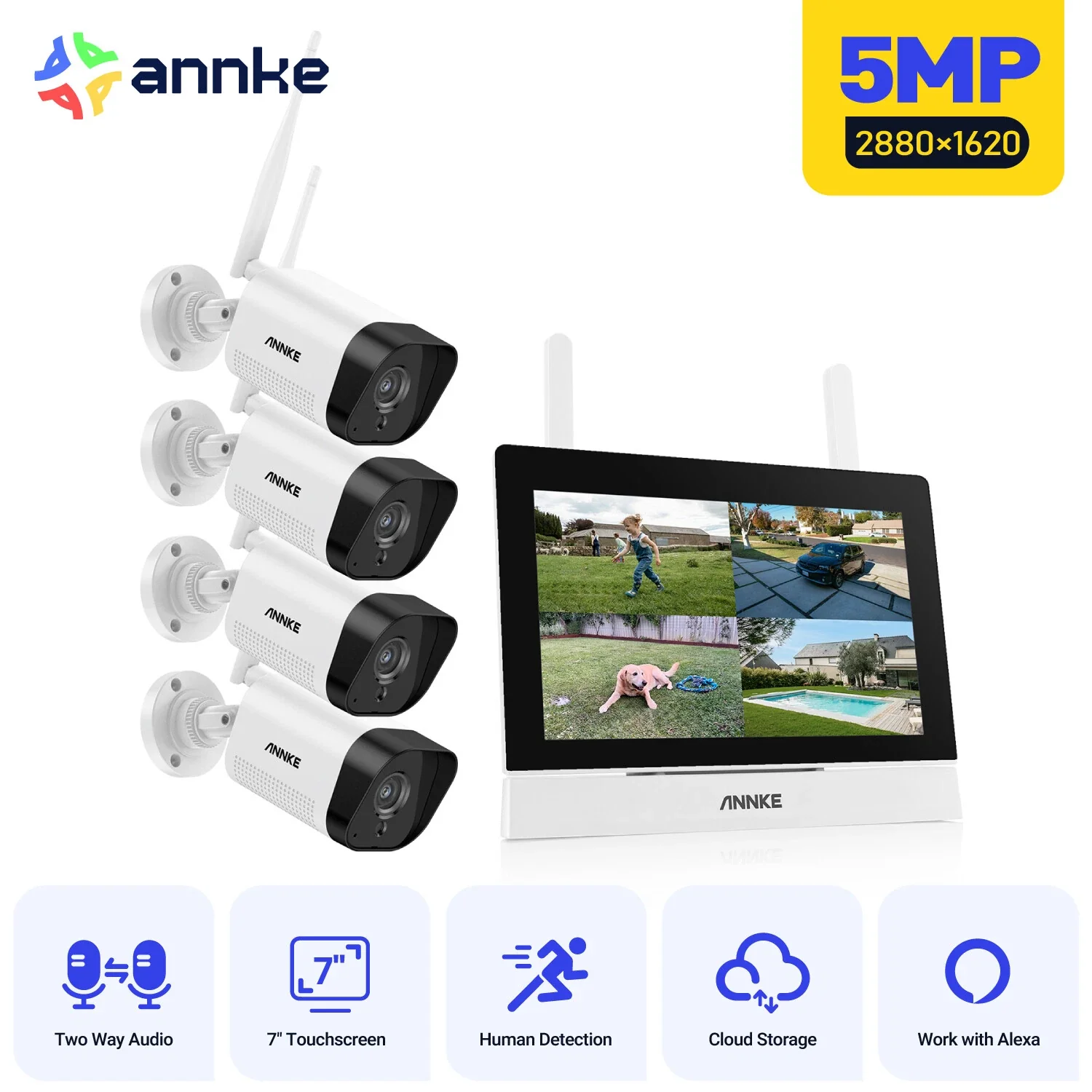 WTL500 - 5MP 4 Channel 4 Cameras Wireless NVR CCTV System with 7″ Monitor, EXIR Night Vision, Two-Way Audio, Built-in Microphone, Works with Alexa, IP66 - Image 2